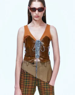 Andersson Bell Akira Coated Brown Lace-Up Vest Atb882W(Brown)-Women Tops