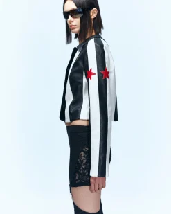 Andersson Bell Alessandro Stripe Faux Leather Jacket Awa529W(Black/White)-Women Outerwear