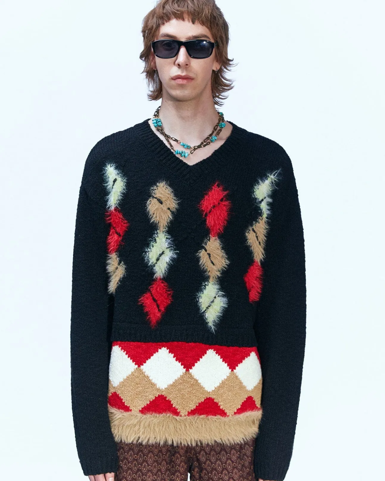 Andersson Bell Argyle Layered V-Neck Sweater Atb856M(Black)-Men Knitwear