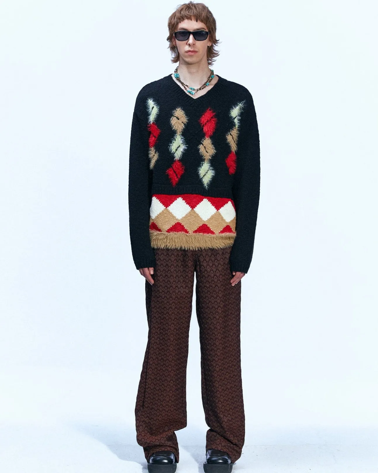 Andersson Bell Argyle Layered V-Neck Sweater Atb856M(Black)-Men Knitwear