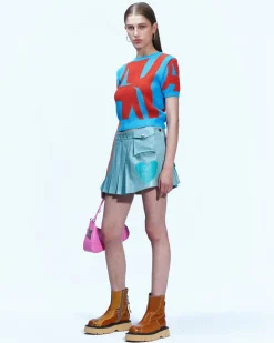 Andersson Bell Arina Heart & Pleats Faux Leather Skirt Apa600W(Dusty Blue)-Women Skirts