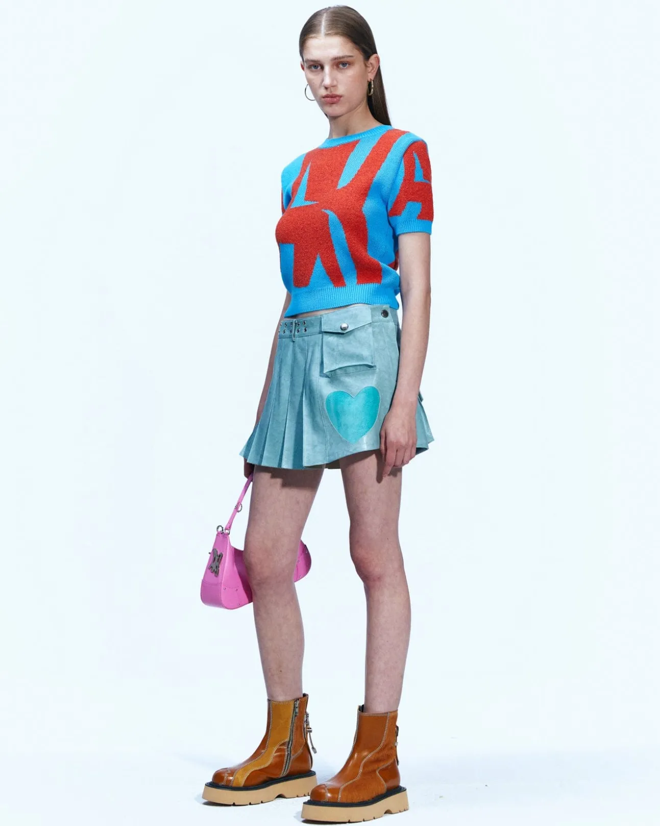 Andersson Bell Arina Heart & Pleats Faux Leather Skirt Apa600W(Dusty Blue)-Women Skirts