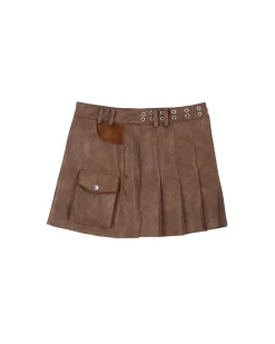 Andersson Bell Arina Heart & Pleats Faux Leather Skirt Apa600W(Brown)-Women Skirts