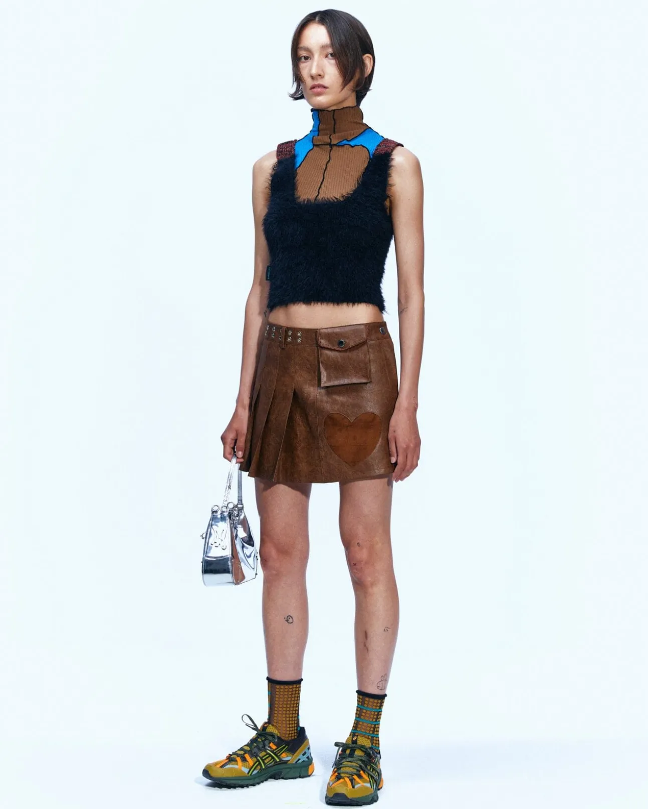 Andersson Bell Arina Heart & Pleats Faux Leather Skirt Apa600W(Brown)-Women Skirts