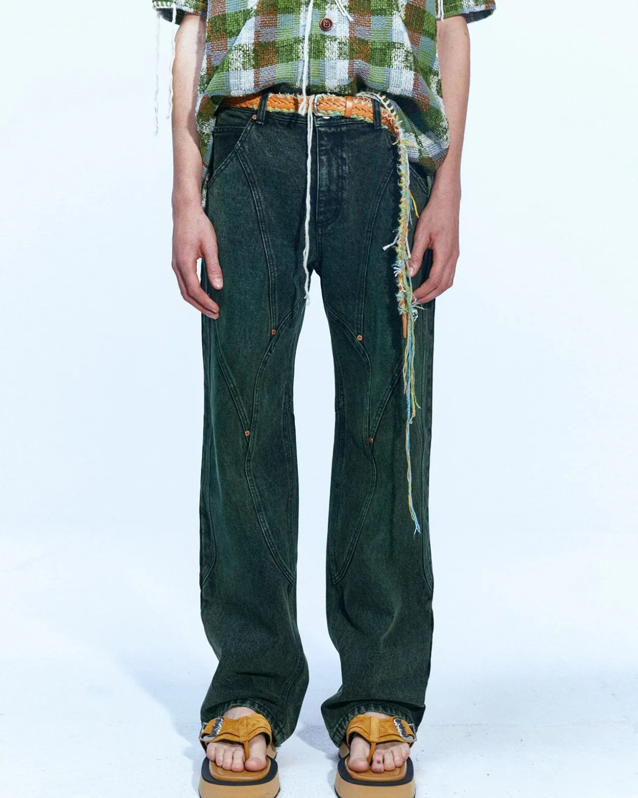 Andersson Bell Brick Curve Panel Wide Jeans Apa609M(D.Green)-Men Trousers