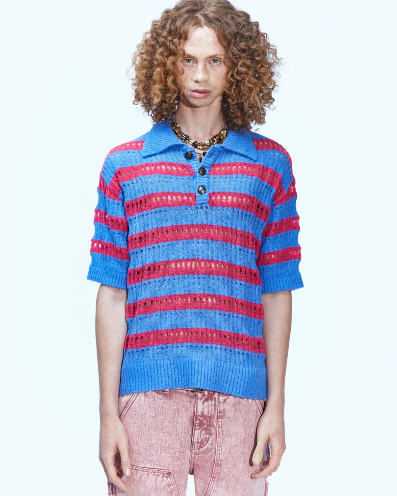 Andersson Bell Bubble Stripe Summer Polo Sweater Atb841M(Pink/Lilac)-Men Knitwear