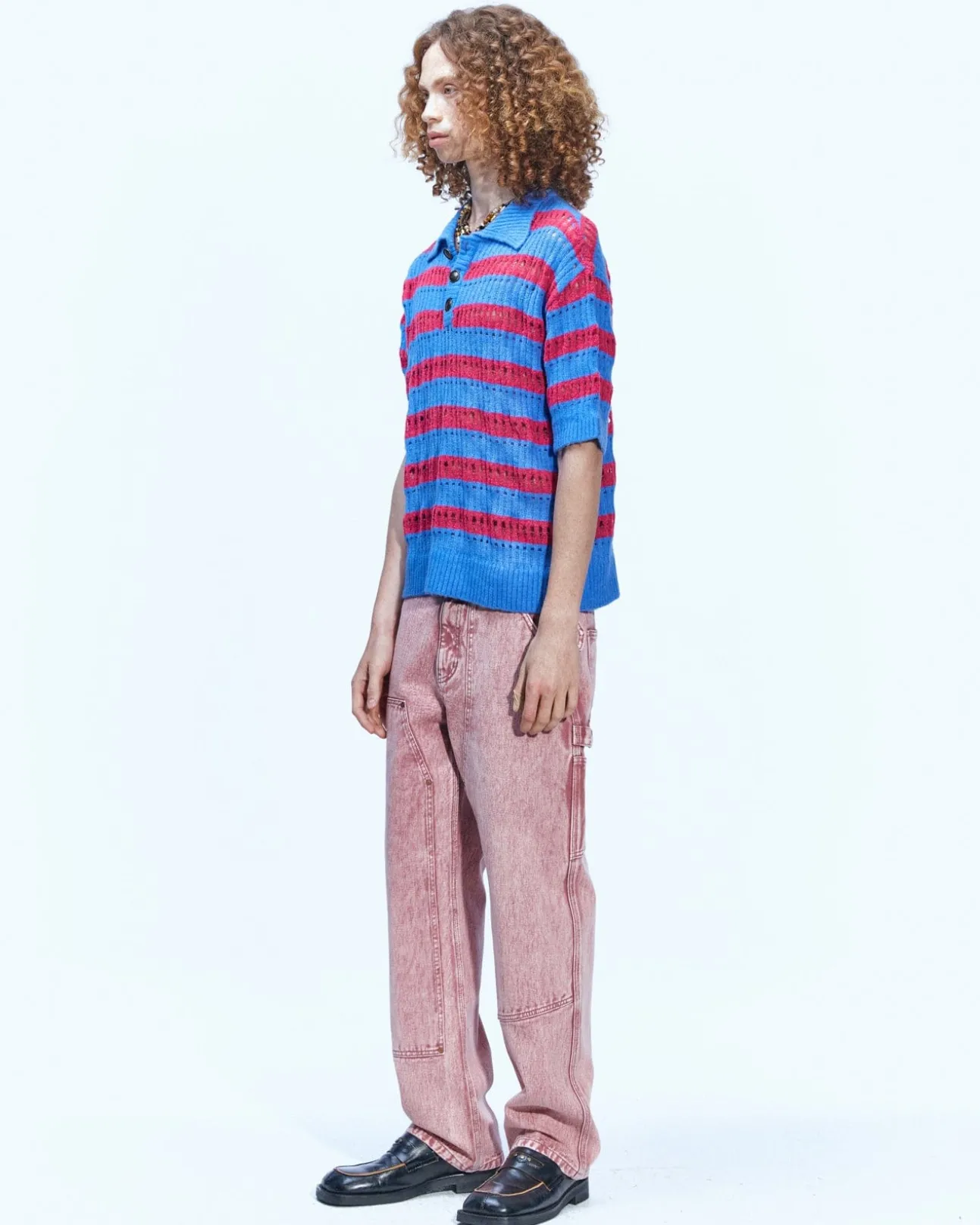 Andersson Bell Bubble Stripe Summer Polo Sweater Atb841M(Pink/Lilac)-Men Knitwear