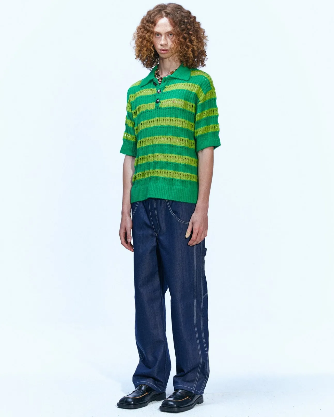 Andersson Bell Bubble Stripe Summer Polo Sweater Atb841M(Lime/Green)-Men Knitwear