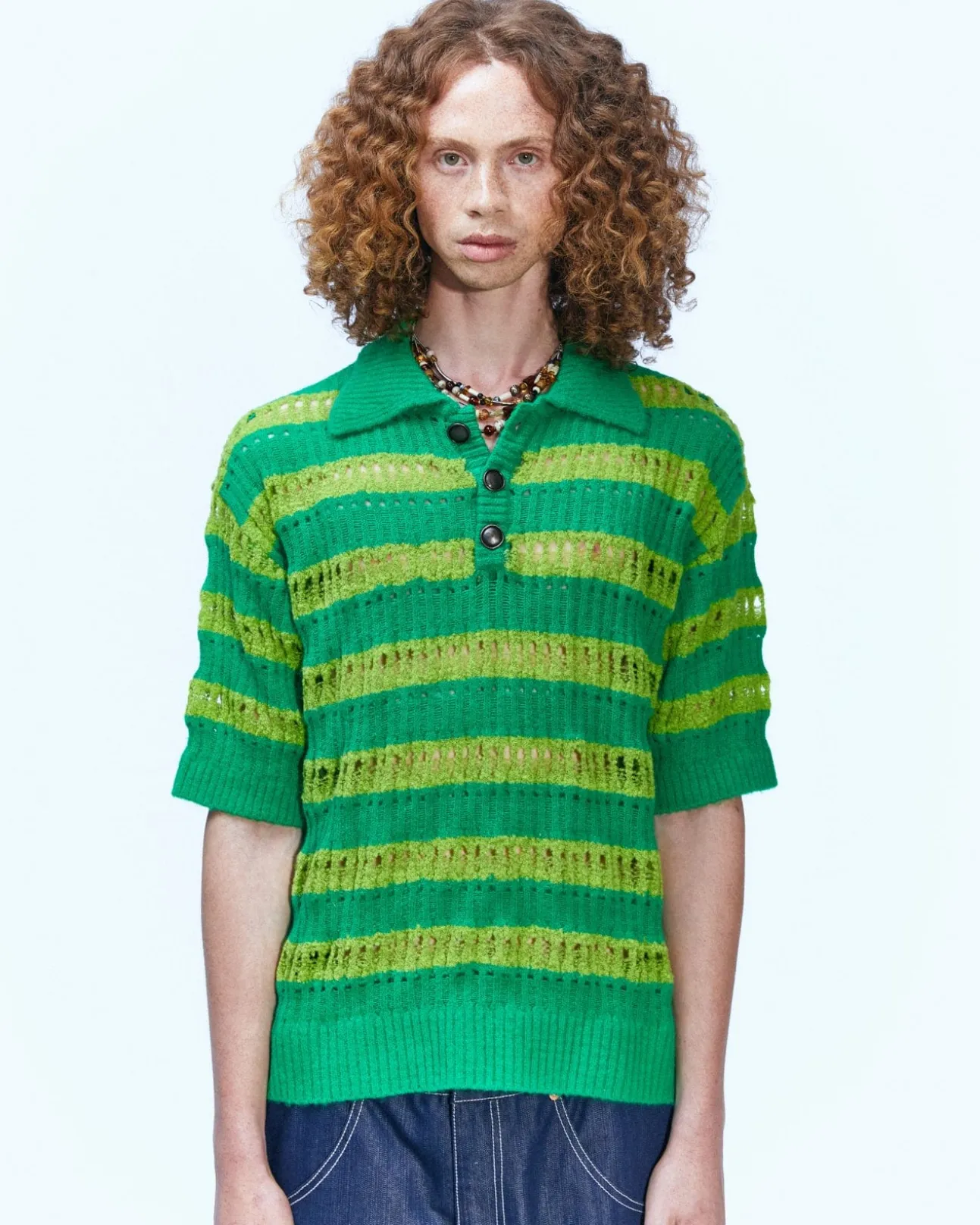 Andersson Bell Bubble Stripe Summer Polo Sweater Atb841M(Lime/Green)-Men Knitwear