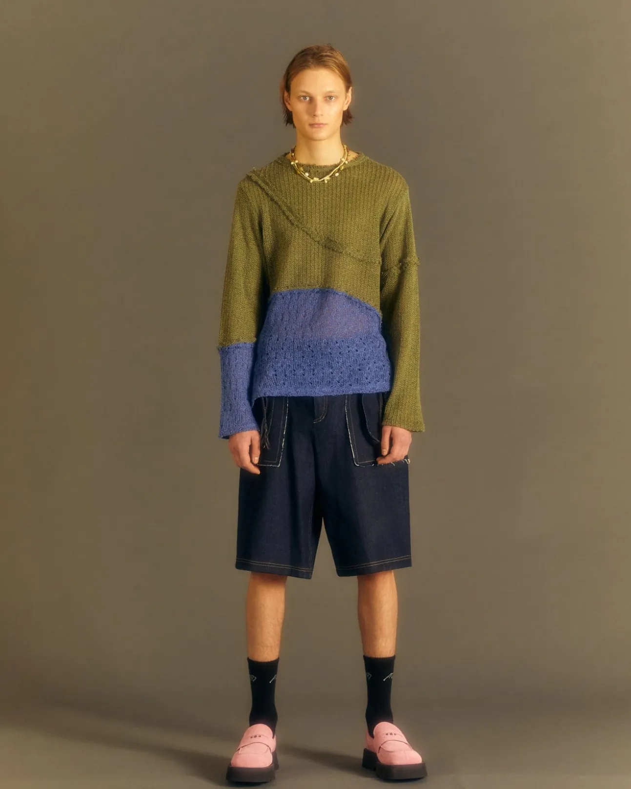 Andersson Bell Contrast Panel Boatneck Sweater Atb860M(Khaki/Blue)-Men Knitwear