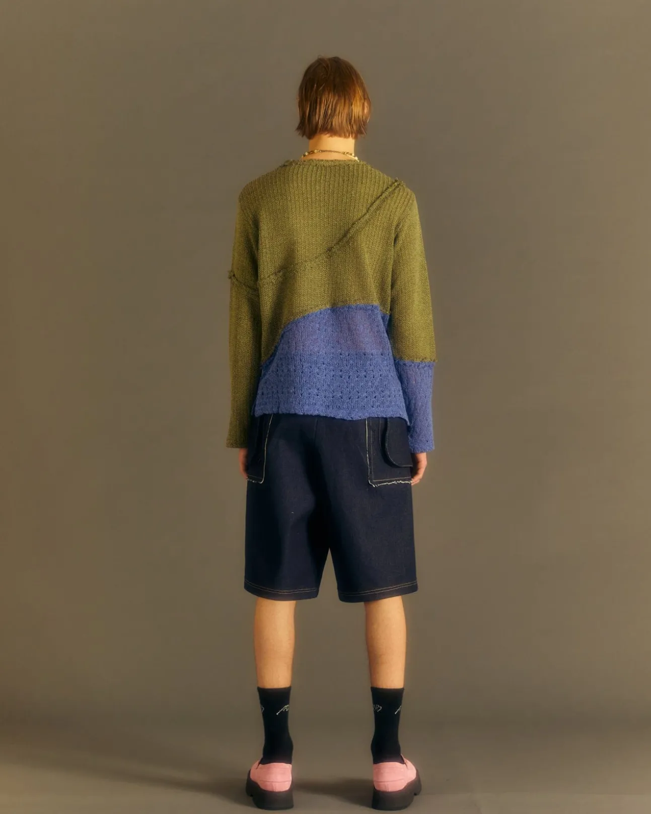 Andersson Bell Contrast Panel Boatneck Sweater Atb860M(Khaki/Blue)-Men Knitwear