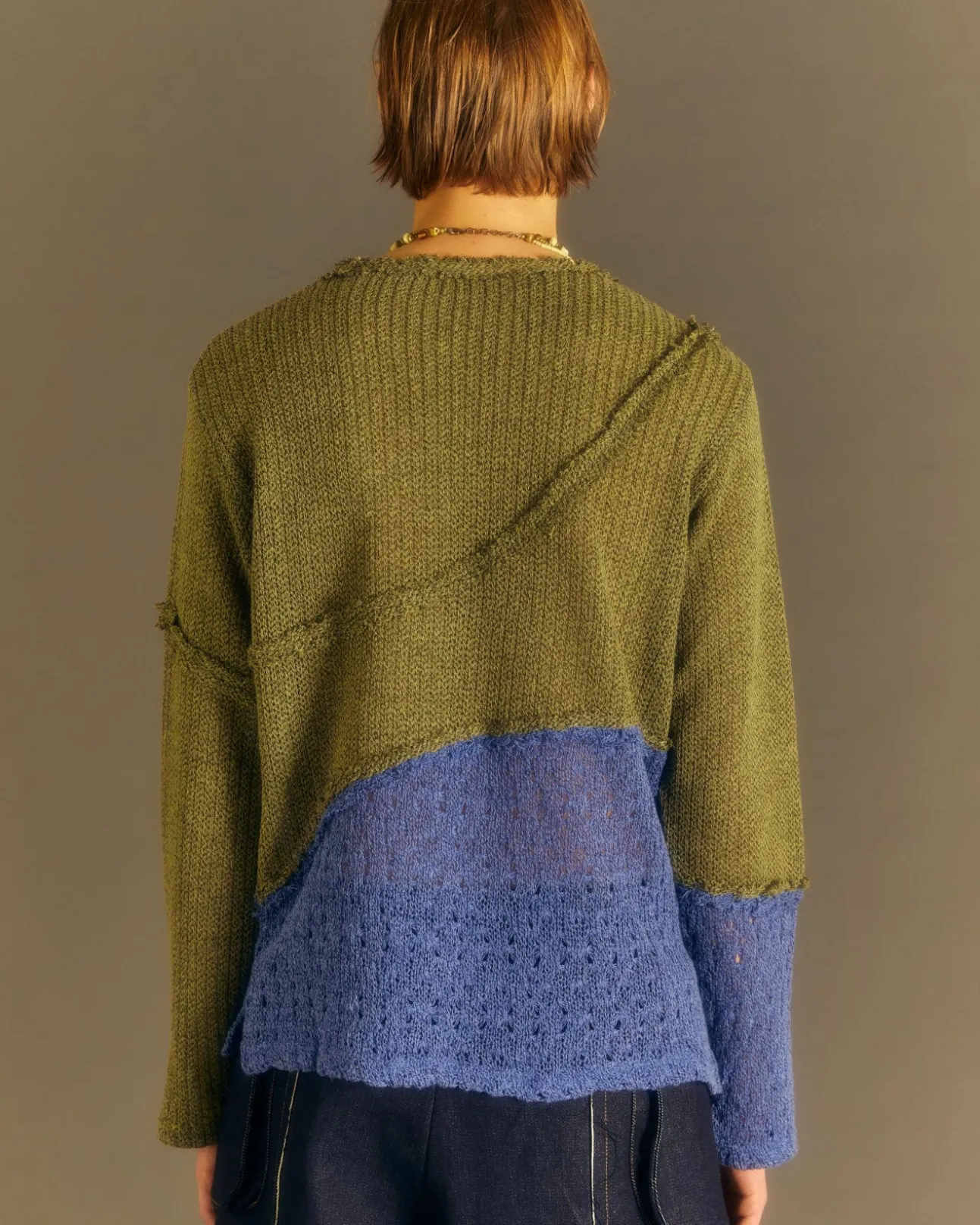 Andersson Bell Contrast Panel Boatneck Sweater Atb860M(Khaki/Blue)-Men Knitwear