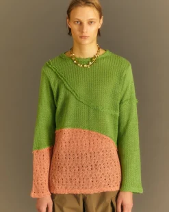 Andersson Bell Contrast Panel Boatneck Sweater Atb860M(Green/Orange)-Men Knitwear