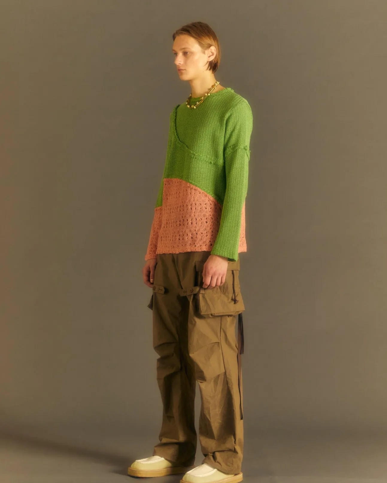 Andersson Bell Contrast Panel Boatneck Sweater Atb860M(Green/Orange)-Men Knitwear