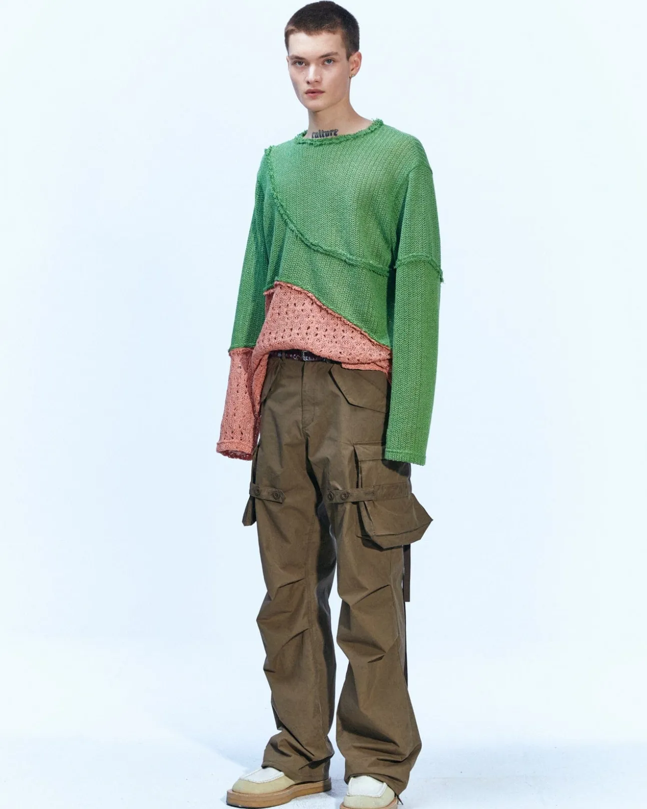 Andersson Bell Contrast Panel Boatneck Sweater Atb860M(Green/Orange)-Men Knitwear