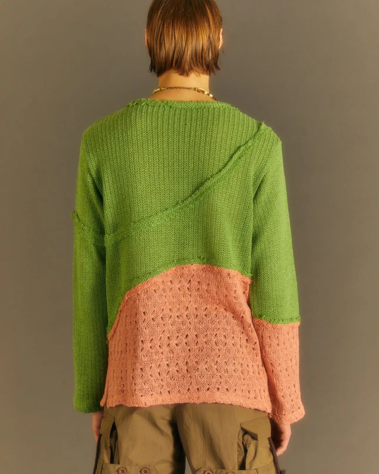 Andersson Bell Contrast Panel Boatneck Sweater Atb860M(Green/Orange)-Men Knitwear