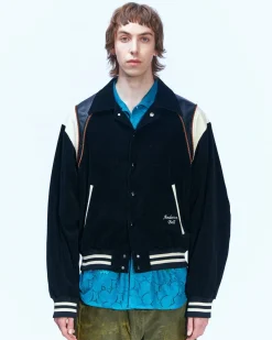 Andersson Bell Corduroy & Leather Varsity Jacket Awa505M(Black)-Men Outerwear