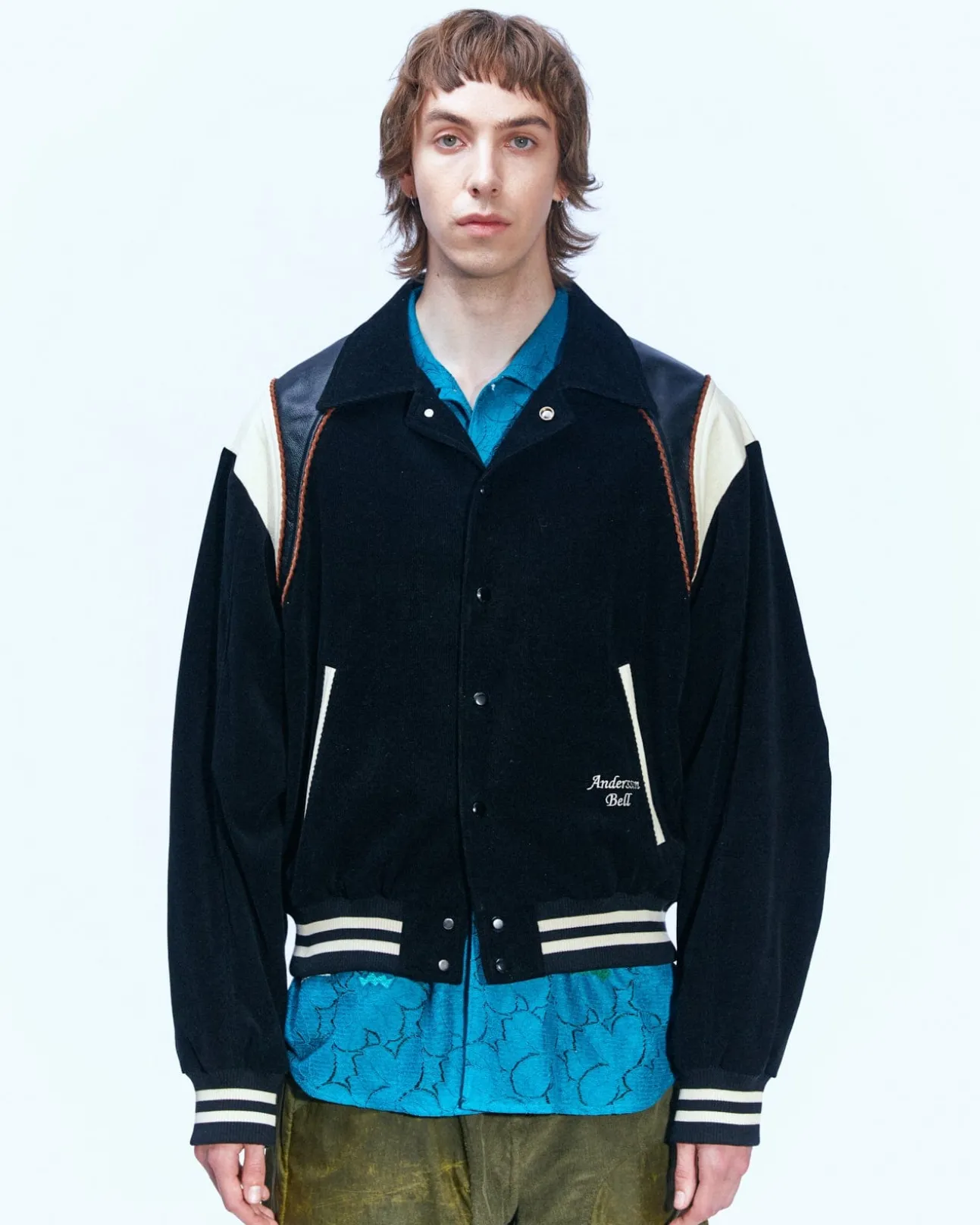 Andersson Bell Corduroy & Leather Varsity Jacket Awa505M(Black)-Men Outerwear