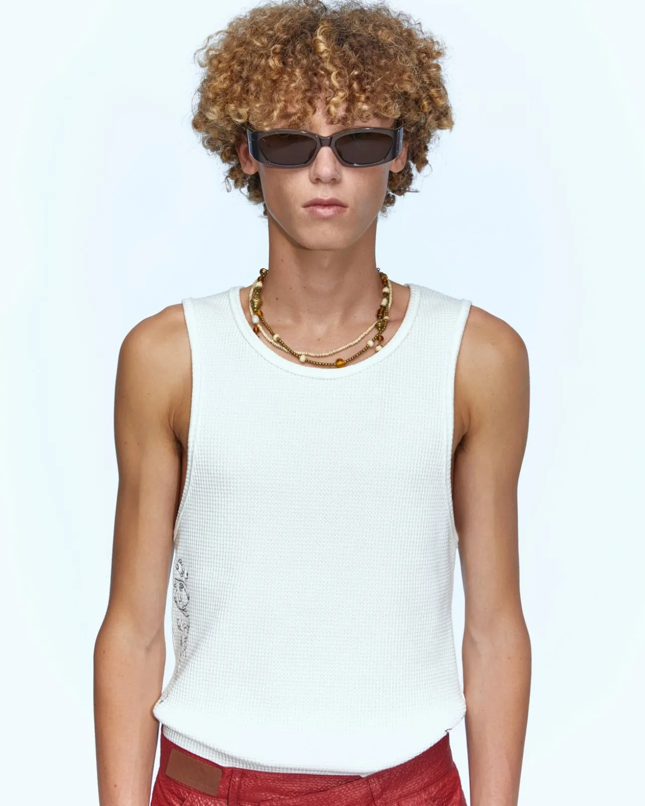 Andersson Bell Flower Man Waffle Sleeveless Atb966M(White)-Men T-Shirts