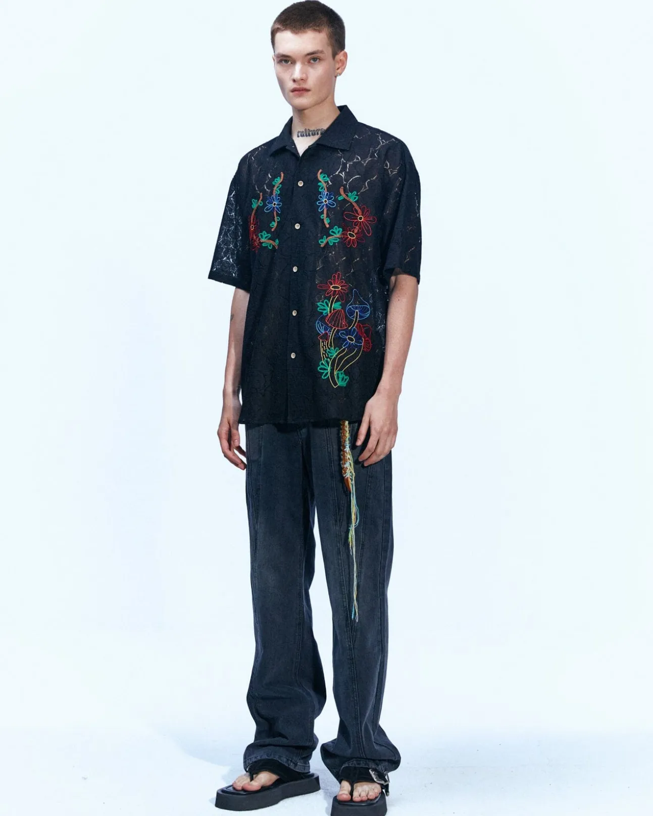 Andersson Bell Flower Mushroom Embroidery Open Collar Shirts Atb846M(Black)-Men Shirts