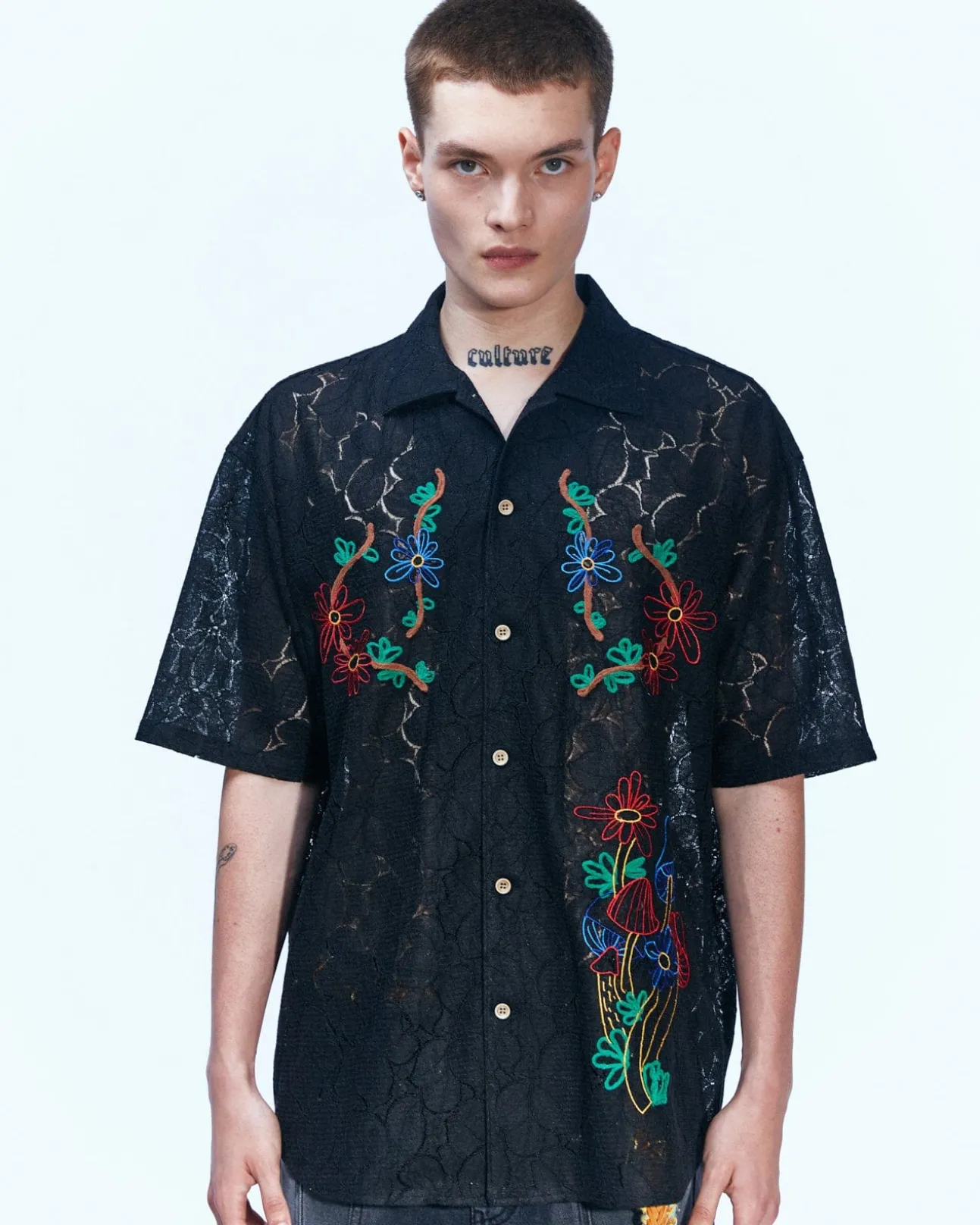 Andersson Bell Flower Mushroom Embroidery Open Collar Shirts Atb846M(Black)-Men Shirts