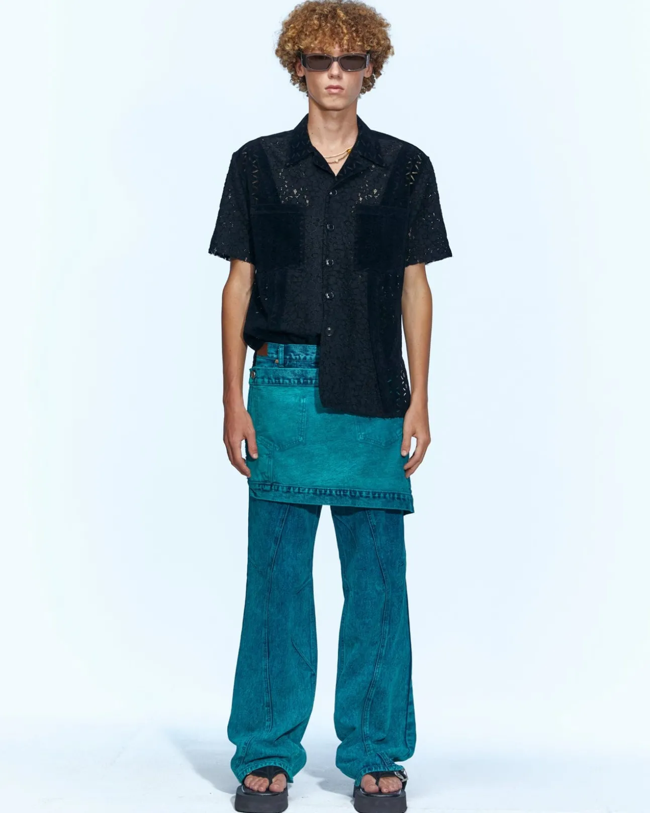 Andersson Bell Half Sheer Flower Lace Shirts Atb951M(Black)-Men Shirts