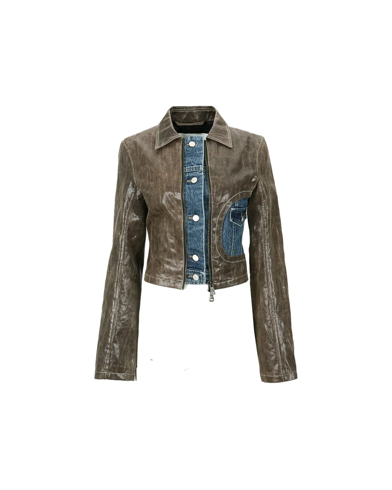 Andersson Bell Lance Denim Trim Faux Leather Jacket Awa528W(Brown)-Women Outerwear