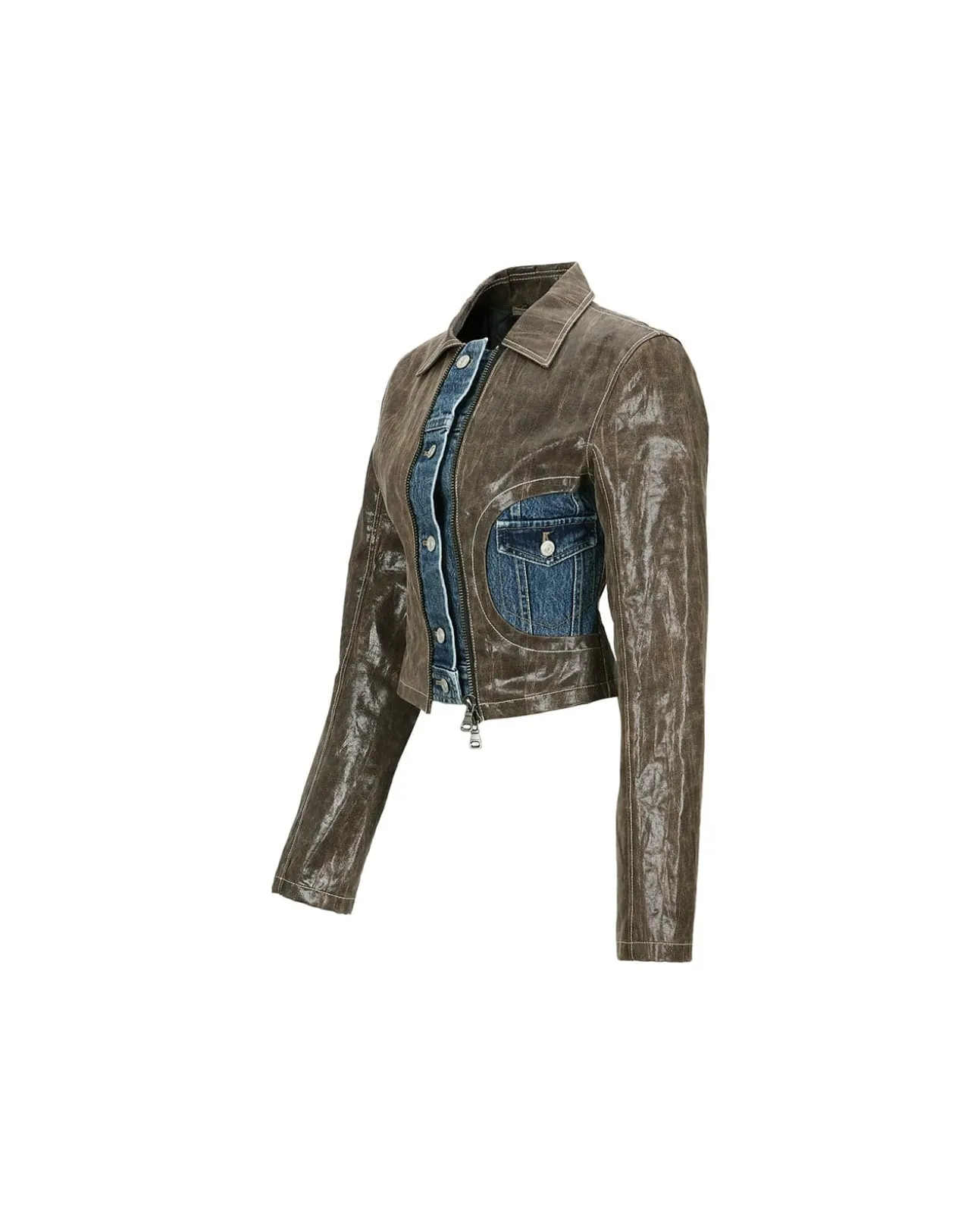 Andersson Bell Lance Denim Trim Faux Leather Jacket Awa528W(Brown)-Women Outerwear