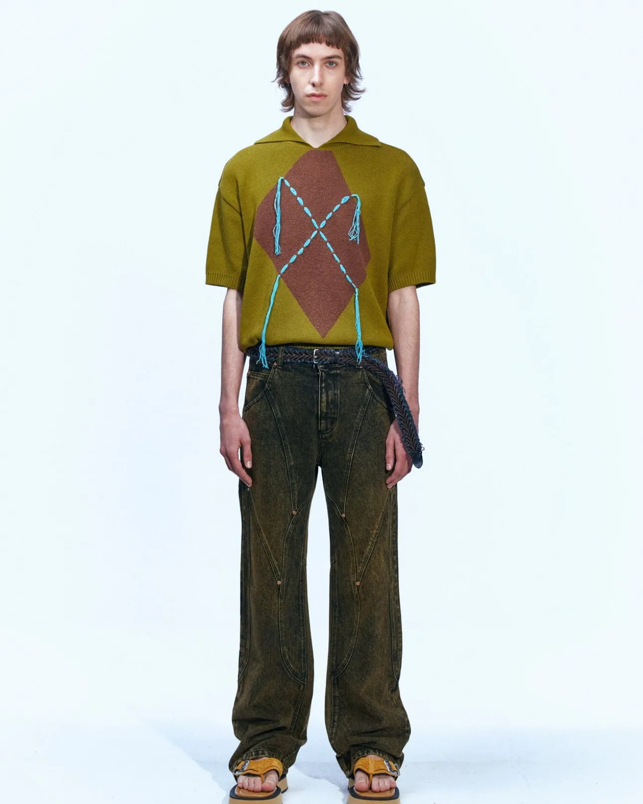 Andersson Bell London Argyle Jacquard Short Sleeve Polo Knit Atb865M(Khaki)-Men Knitwear