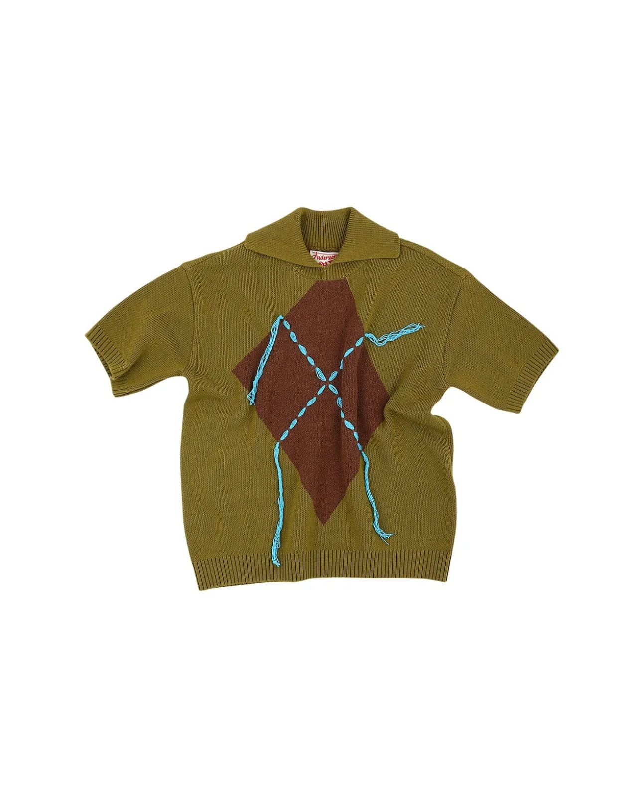 Andersson Bell London Argyle Jacquard Short Sleeve Polo Knit Atb865M(Khaki)-Men Knitwear
