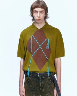 Andersson Bell London Argyle Jacquard Short Sleeve Polo Knit Atb865M(Khaki)-Men Knitwear