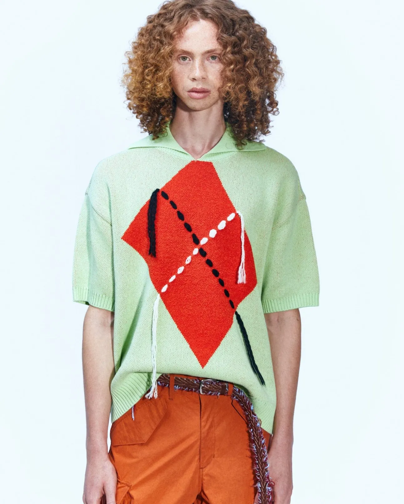 Andersson Bell London Argyle Jacquard Short Sleeve Polo Knit Atb865M(Lime)-Men Knitwear