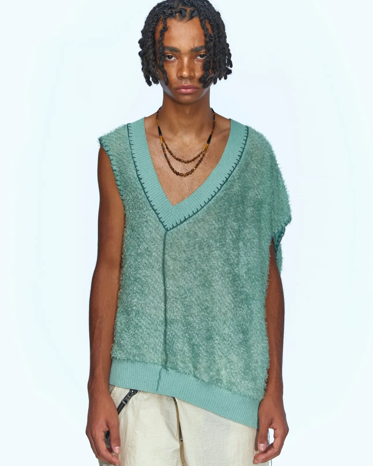 Andersson Bell Mario Summer Shaggy V-Neck Vest Atb960M(Green)-Men Knitwear