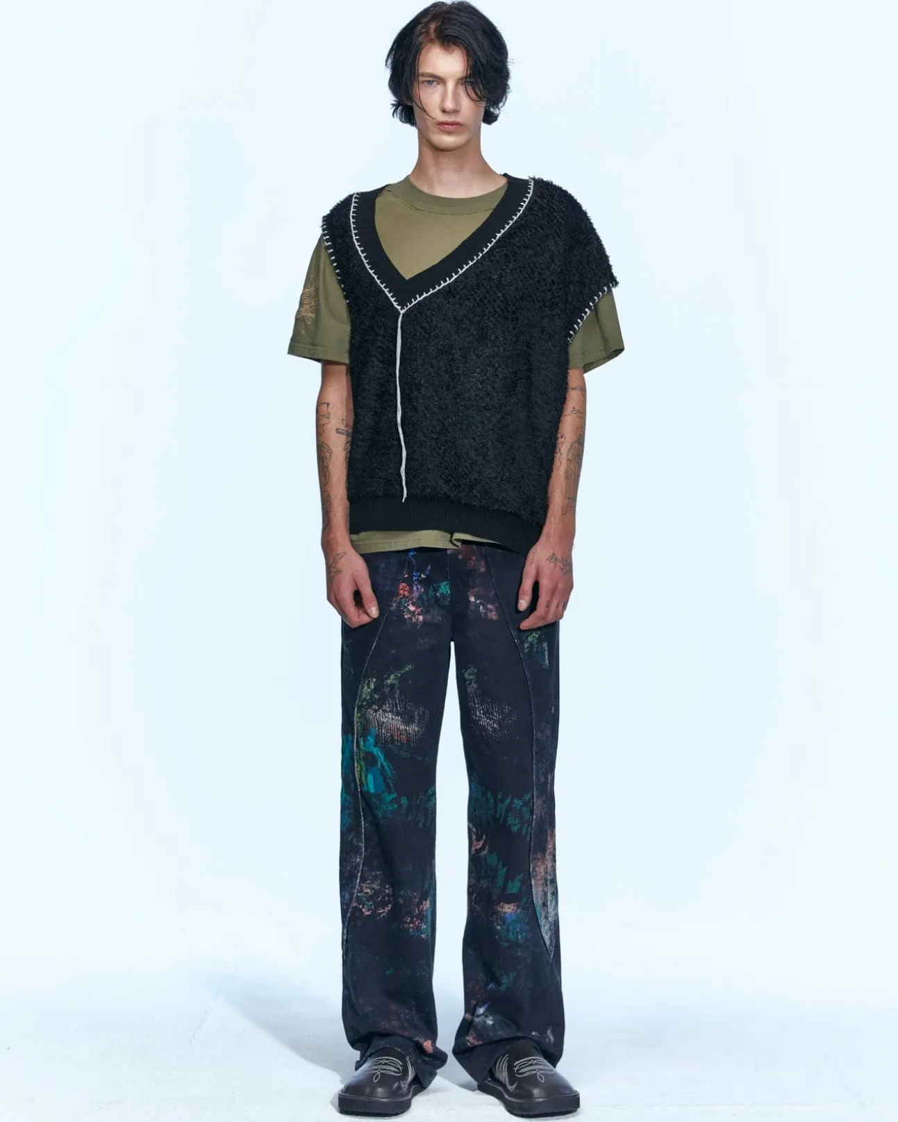 Andersson Bell Mario Summer Shaggy V-Neck Vest Atb960M(Black)-Men Knitwear