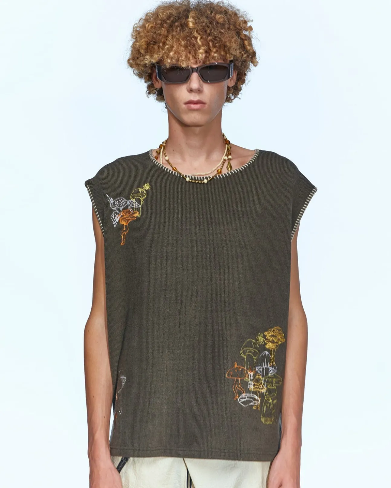 Andersson Bell Mushman Embroidery Knit Vest Atb956M(Khaki)-Men Knitwear