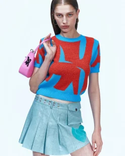 Andersson Bell New Ab Logo Jacquard Short Sleeve Knit Atb893W(Blue)-Women Tops