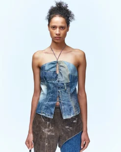 Andersson Bell Patch Print Crochet Combo Top Atb747W(Dusty Blue)-Women Tops