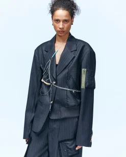 Andersson Bell Pin Stripe Bomber Combo Jacket Awa527U(Charcoal)-Women Outerwear