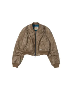 Andersson Bell Tanya Faux Leather Pintuck Bomber Jacket Awa516W(Beige)-Women Outerwear