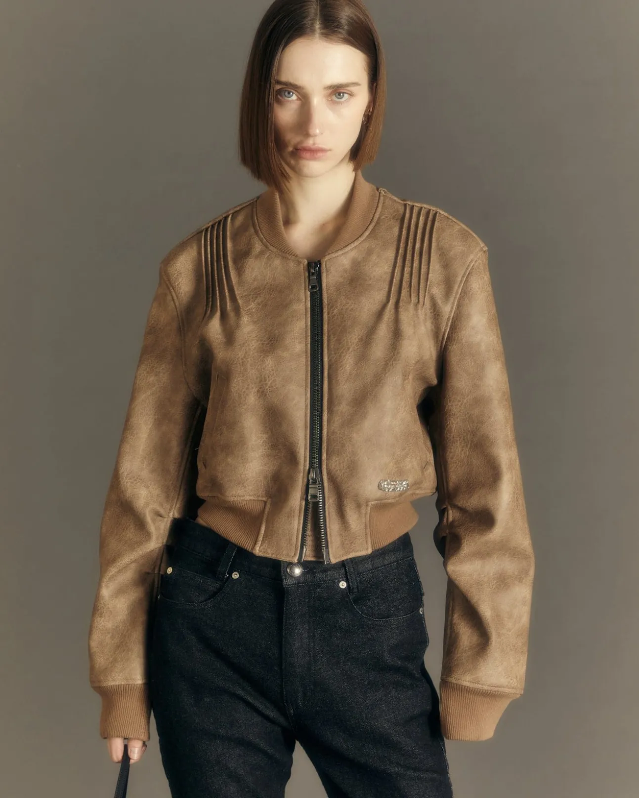 Andersson Bell Tanya Faux Leather Pintuck Bomber Jacket Awa516W(Beige)-Women Outerwear