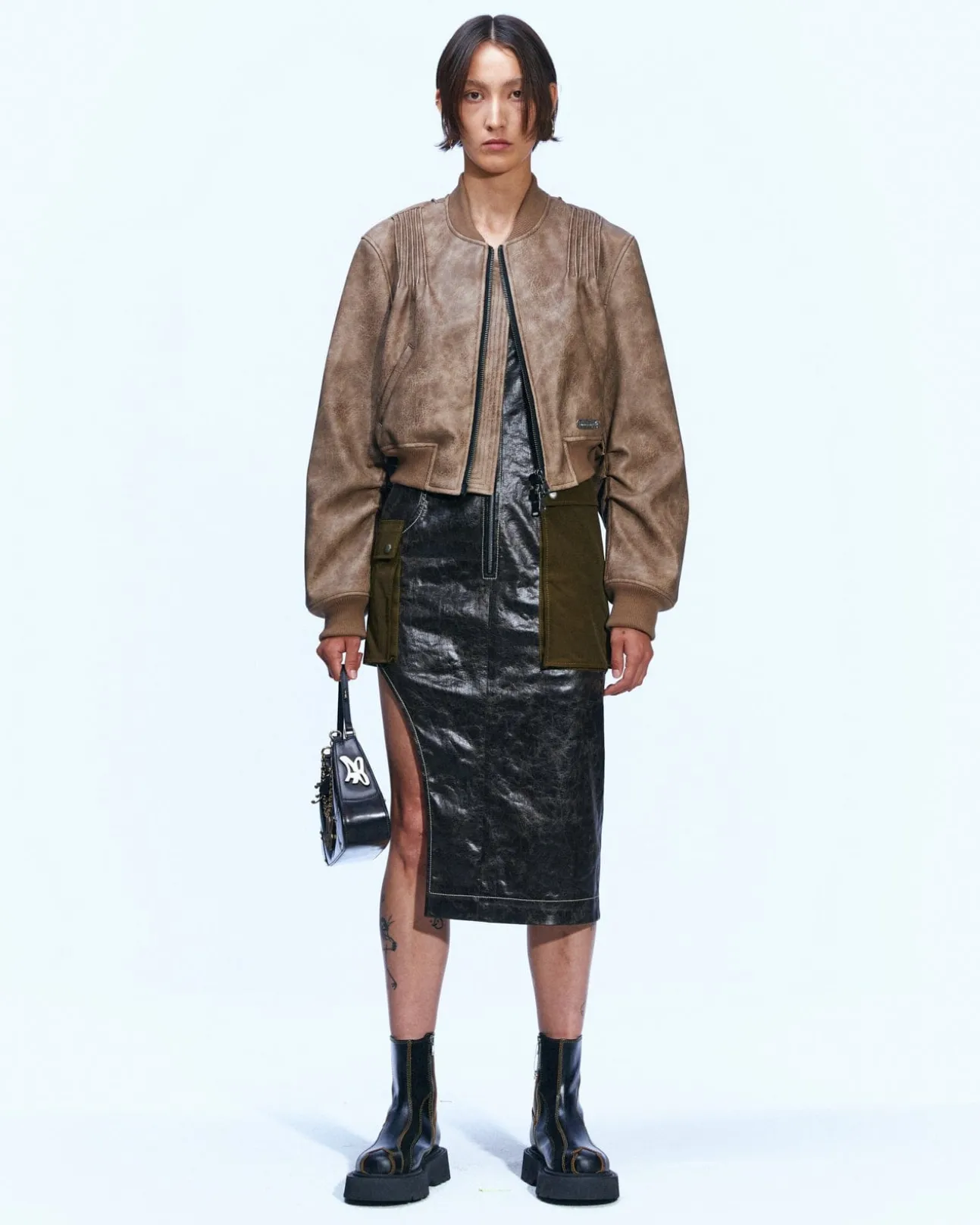 Andersson Bell Tanya Faux Leather Pintuck Bomber Jacket Awa516W(Beige)-Women Outerwear