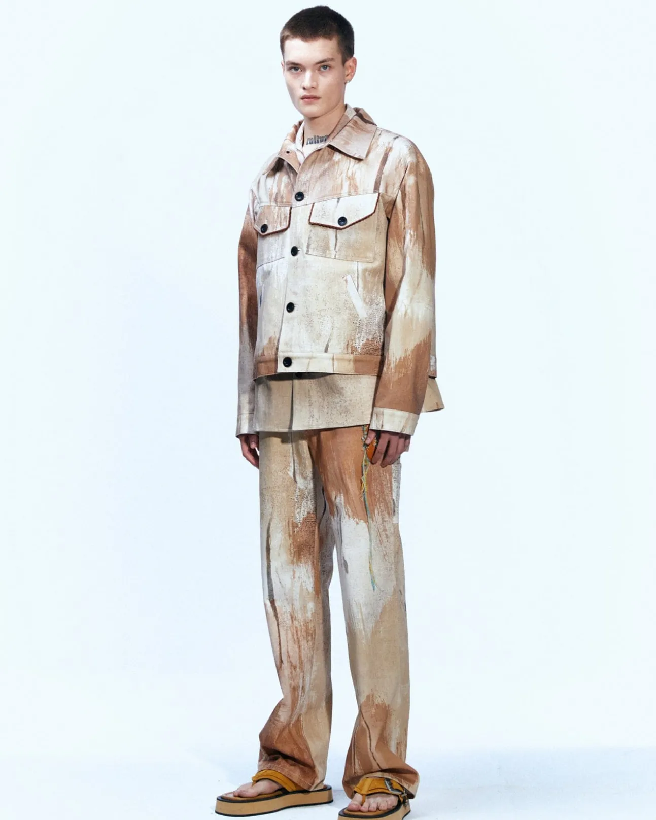 Andersson Bell Tawney Beige Print Denim Trucker Jacket Awa512M(Sand)-Men Outerwear