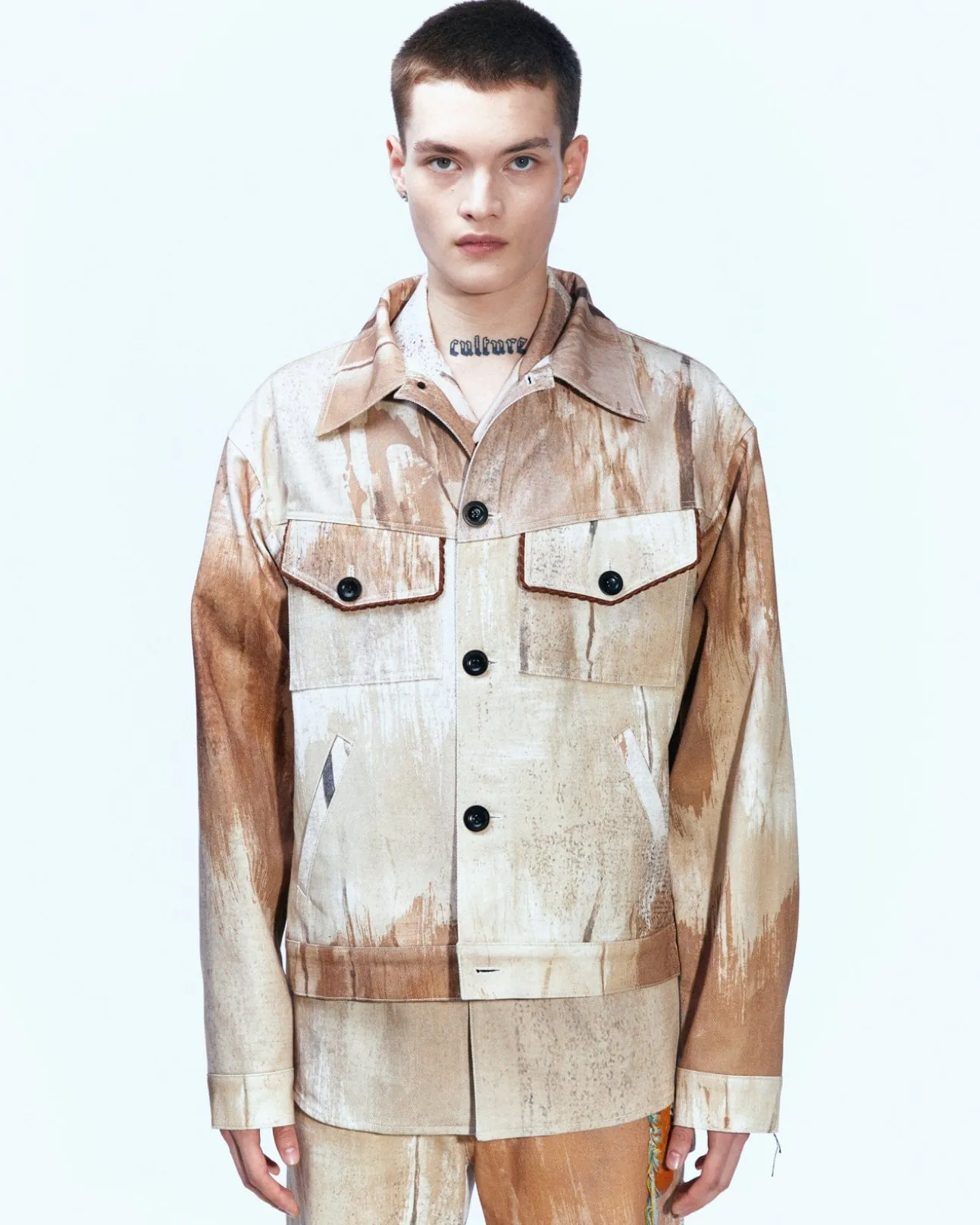 Andersson Bell Tawney Beige Print Denim Trucker Jacket Awa512M(Sand)-Men Outerwear