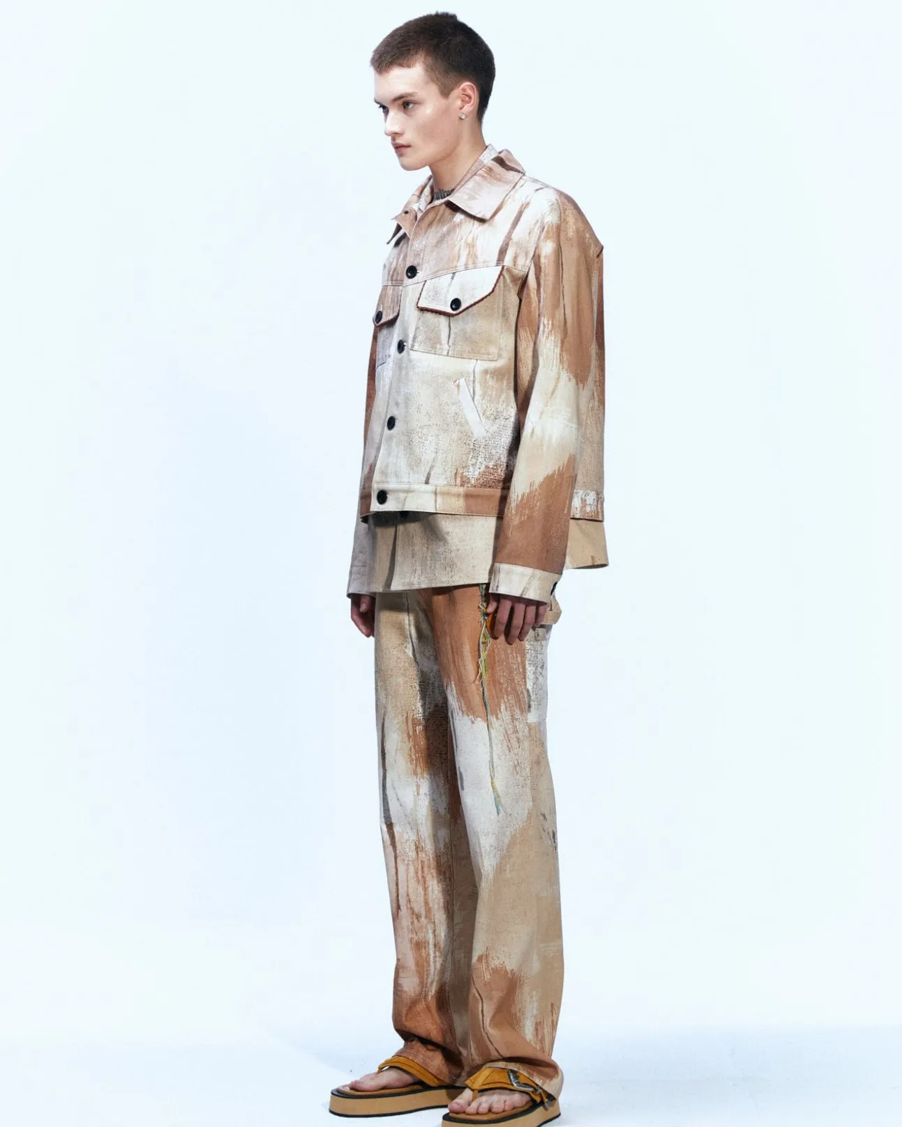 Andersson Bell Tawney Beige Print Denim Trucker Jacket Awa512M(Sand)-Men Outerwear