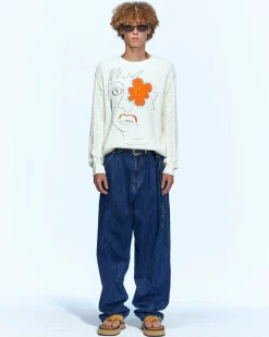 Andersson Bell Unisex Flower Man Crew Neck Sweater Atb961U(Ecru)-Men Knitwear